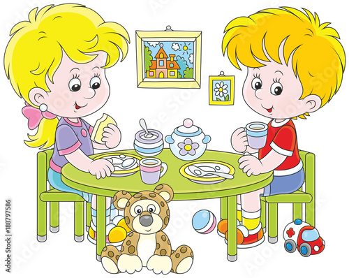 Little children at breakfast in their nursery, a vector illustration in funny cartoon style