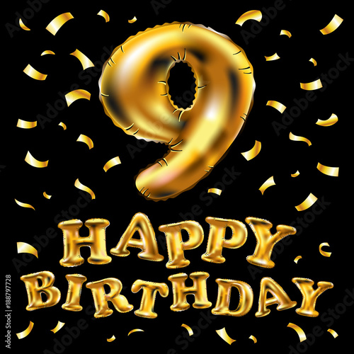 vector Unique Number nine ; 9 letter alphabet made of realistic 3d Gold helium balloon. Illustration of balloon number collection for your design project decoration element ; Birthday, Wedding, Party