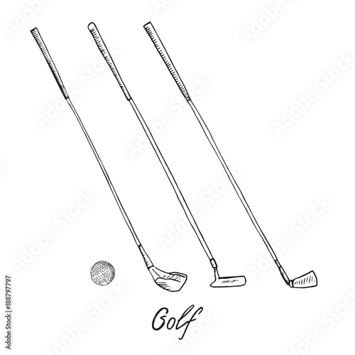 Different golf clubs putters (wood, putter, wedge) and ball, hand drawn doodle sketch with inscription, isolated vector outline illustration