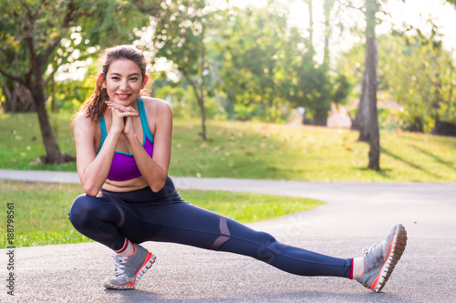 Woman fitness outdoor concept, young caucasian beautiful woman/sport girl running walking stretching and yoga at outdoor park with fresh, relax, happy feeling.