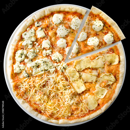 Fresh delicious Four cheese pizza Quattro Fromaggi with herbs isolated on black background. Top view, flat lay photo