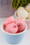 Homemade pink and white zephyr or marshmallow in bowls