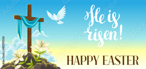 Silhouette of wooden cross with shroud, dove and lilies. Happy Easter concept illustration or greeting card. Religious symbols of faith against sunrise sky