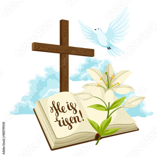 Wooden cross with bible, lily and dove. Happy Easter concept illustration or greeting card. Religious symbols of faith against clouds