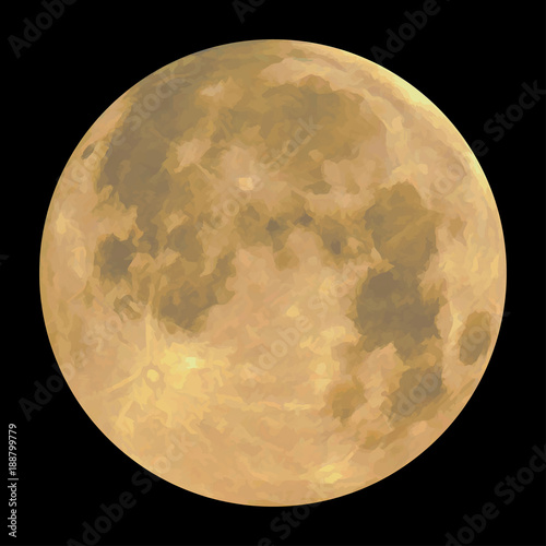 Detailed realistic yellow full moon, isolated on black background. Vector illustration