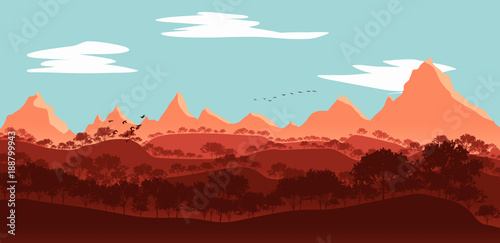 flat lanscape illustration of mountain valleys and maple trees