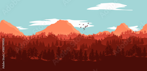 flat lanscape illustration of mountain valleys and pine trees