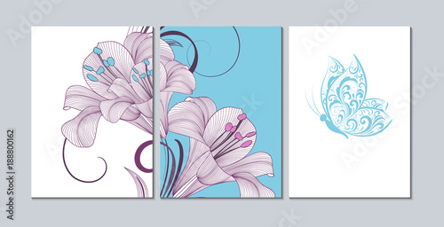 A set of 3 canvases for wall decoration in the living room, office, bedroom, kitchen, office. Home decor of the walls. Floral background with flowers of lily. Element for design. 