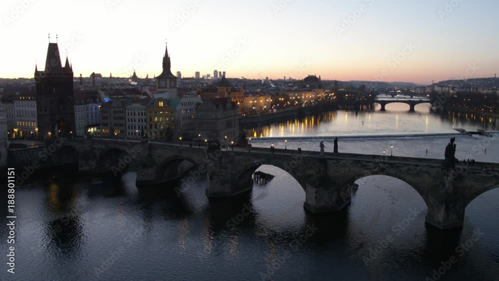 Prague, Czech, Europe, Charles bridge, sunrise, river, old city, architecture, castle, gothic, tourism, statue,drone view Prague, Czech, Europe, Charles bridge, sunrise, river, old city, architecture, castle, gothic, tourism, statue,drone view