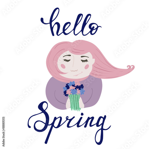 Girl portrait smelling flower bouquet and handwriting lettering hello spring