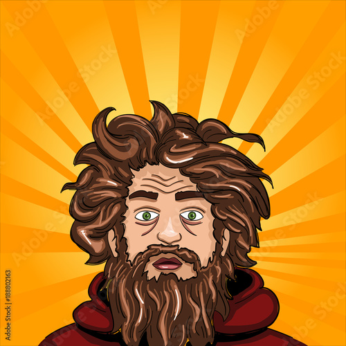 Head and face an untidy man. Homeless with a beard.
