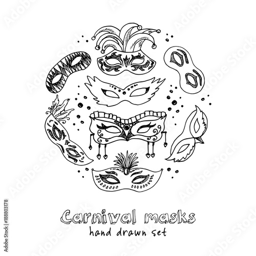 Hand drawn doodle carnival masks set.