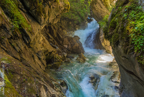 Waterfalls Stanghe  Gilfenklamm  localed near Racines  Bolzano in South Tyrol  Italy. Wooden bridges and runways lead through the canyon and give a spectacular sight to the waterfalls.