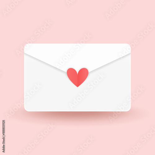 White envelope with love sticker on peach pink background. Valentine's Day concept. Paper cut flat design. Vector illustration