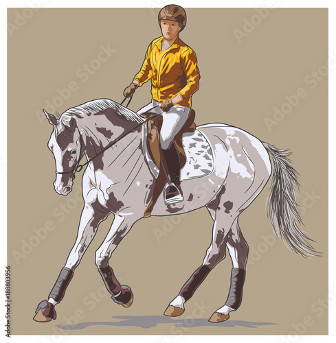 Sketch of a woman riding on a horse.