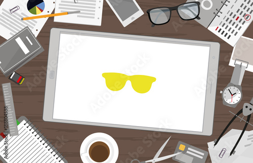 Schreibtisch mit Tablet - Brille