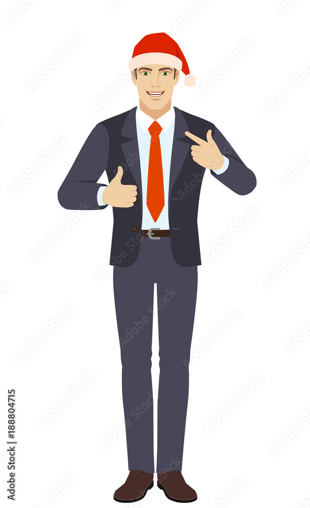 Businessman showing thumb up and pointing the finger at himself Businessman showing thumb up and pointing the finger at himself