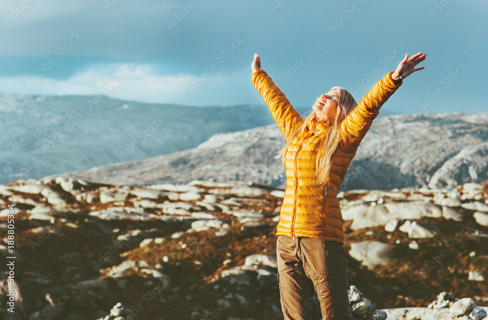 Happy Woman freedom Travel outdoor in mountains healthy Lifestyle concept harmony with nature scandinavian trip