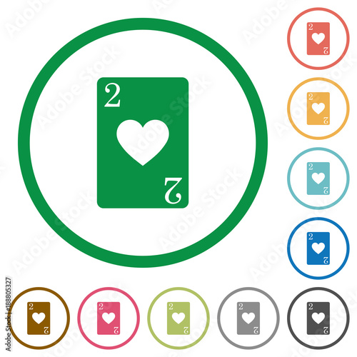 Two of hearts card flat icons with outlines