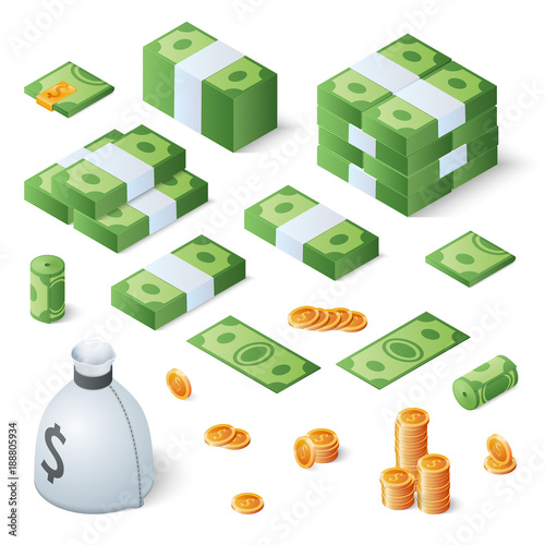 Big money set. Dollar bills and gold coins. Isometric vector illustration