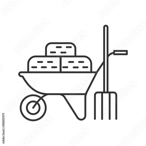 Wheelbarrow with bales of hay and pitchfork linear icon