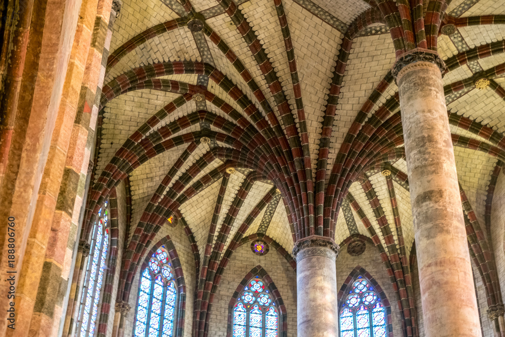 Toulouse, France - November 16, 2017 Palm Tree of the Church's wall of the Jacobins in Toulouse, France. Toulouse, France - November 16, 2017 Palm Tree of the Church's wall of the Jacobins in Toulouse, France.