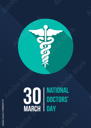 National doctors' day with green the staff of hermes in circle sign on dark blue background banner vector design