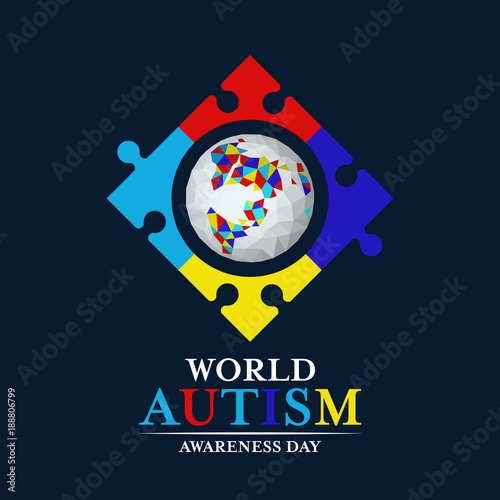Autism awareness with abstract low polygon earth in Puzzle frmae sign on dark blue background vector design