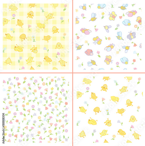 Vector cute seamless pattern, flora, chickens and insects.