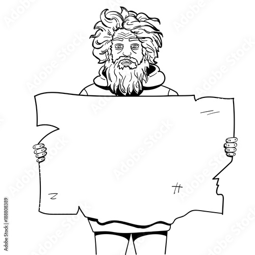 Homeless man with paper sign style vector illustration. Comic book style imitation. Coloring, black and white