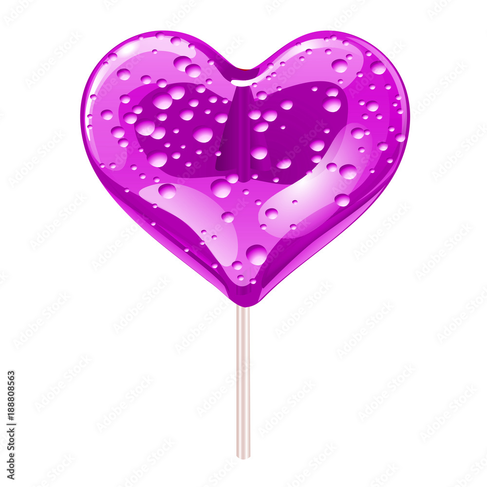 Purple lollipop in the shape of a heart. Design elements for Valentines day. Vector illustration.