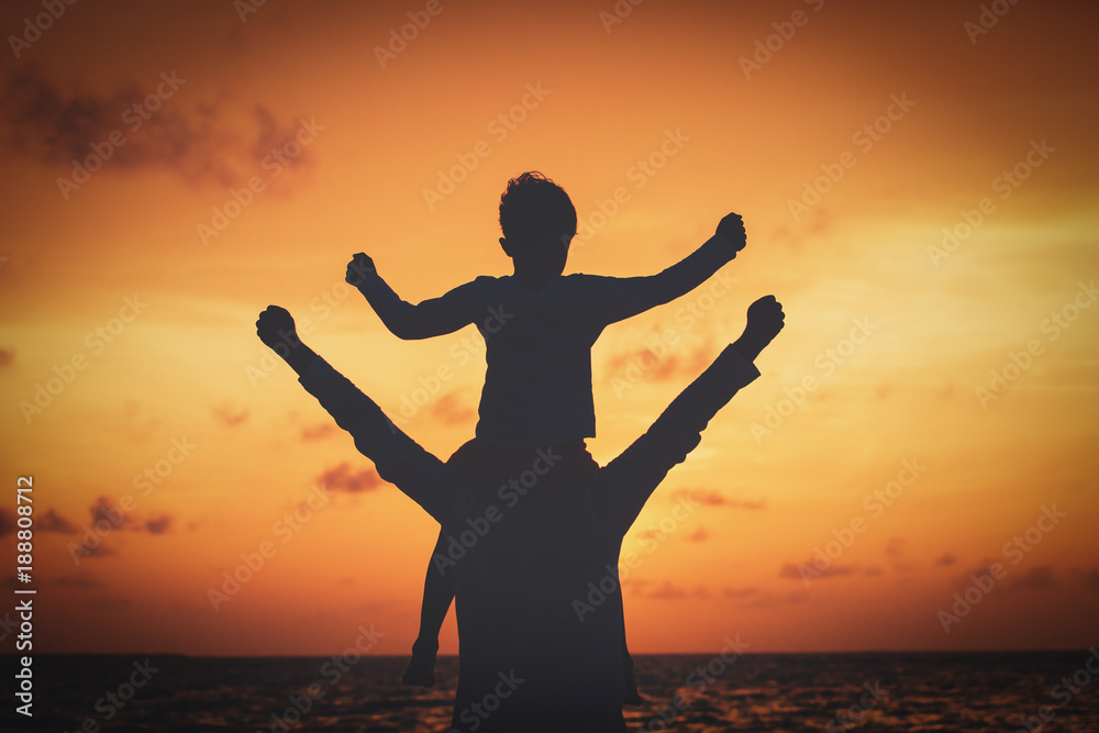 father and son play at sunset sky