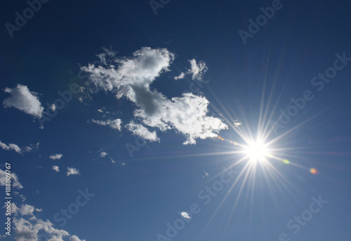 太陽と青空と雲「空想・雲のモンスターたち（太陽に接近するモンスターなどのイメージ）」接近、近づく、暑い、熱い、熱中症、輝きなどのイメージ