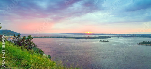 Stitched Panorama. Stitched PanColorful sunset over the Volga river photo