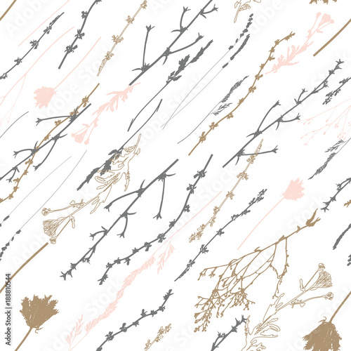 Meadow grasses, herbs and flowers outlines vector seamless pattern.