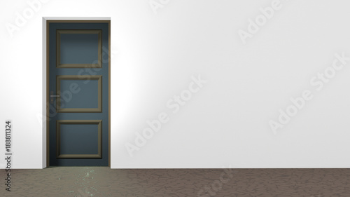 Closed door on the left side of a white wall, brown floor with crackle pattern. Horizontal 16:9 interior 3d render.