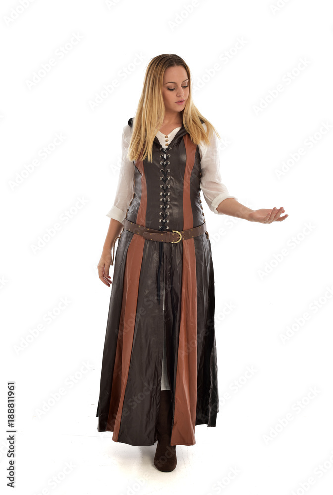 full length portrait of girl wearing brown  fantasy costume. standing pose on white studio background. 