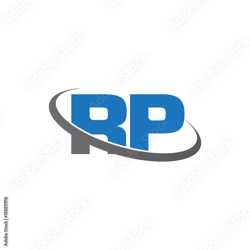 Initial letter RP, overlapping swoosh ring logo, blue gray color