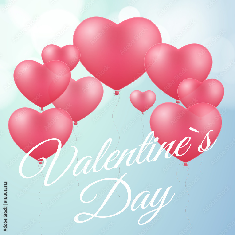 Cover for Valentines day. Pink balloons of the heart. Romantic card. Love composition. White calligraphic text. Vector