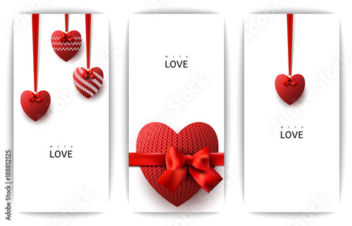 Vertical gift design background with a red knitted heart and a bow. Invitation For Valentine's Day, Wedding, Birthday. For a banner, postcards. flyer, label, certificate, company card. Vector.