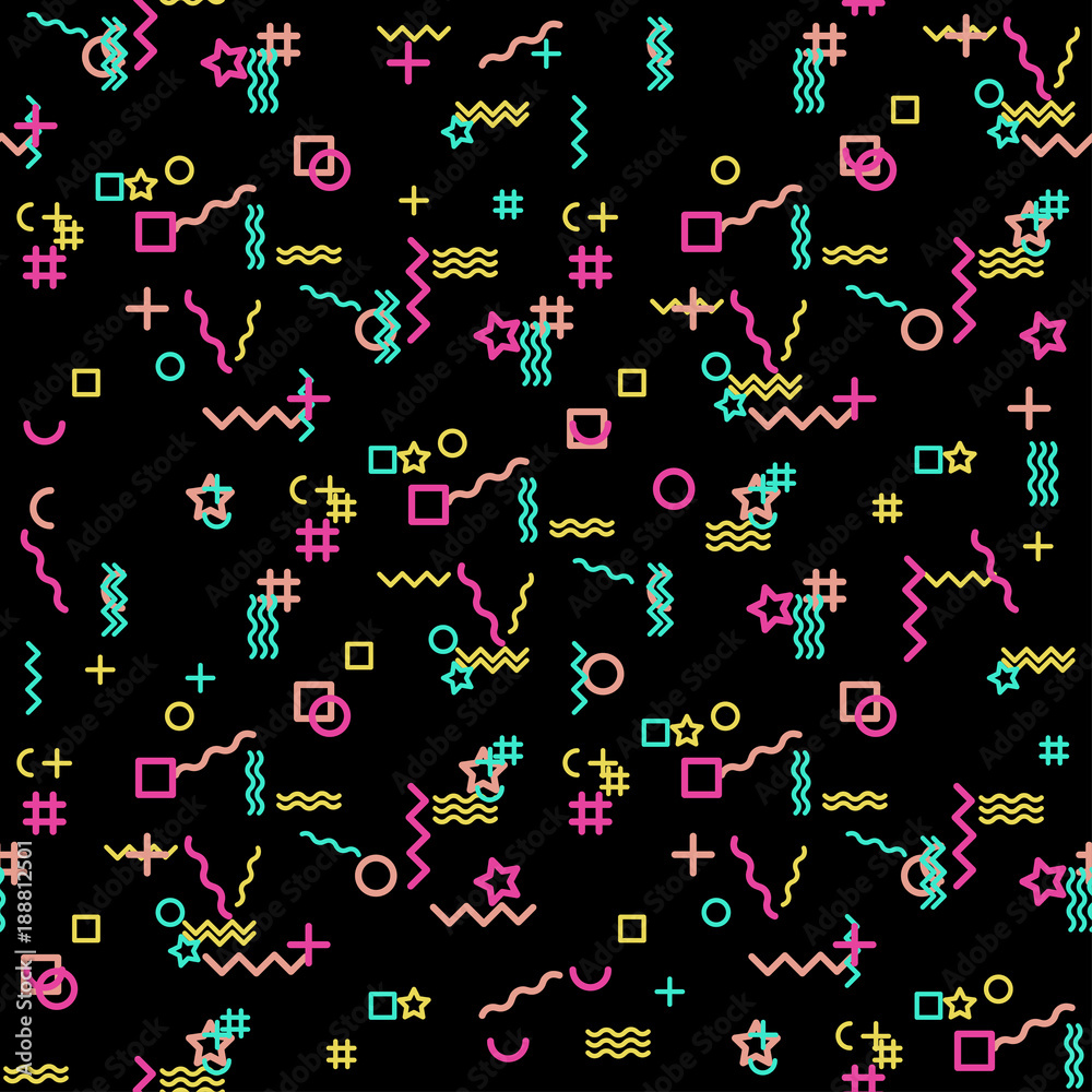 Obraz premium Abstract seamless vector pattern for girls, boys, clothes. Creative background with dots, geometric figures Funny wallpaper for textile and fabric. Fashion style. Colorful bright