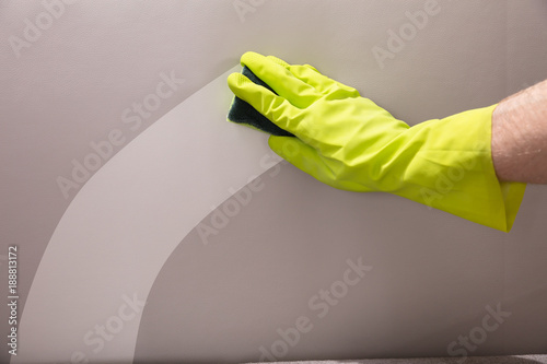 Person Cleaning Sofa With Sponge