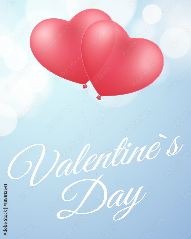 Flyer for Valentines day. Red balloons of the heart. Romantic card. Love composition. White calligraphic text. Vector.