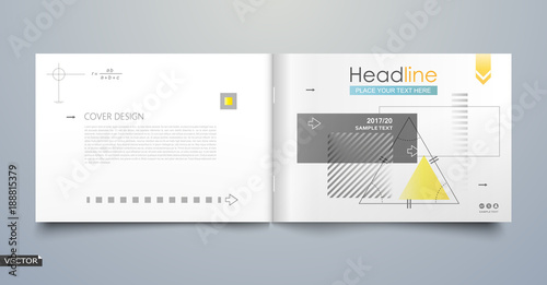 Math science book frame surface. A4 brochure cover design. Title sheet model. Triangle, line, square, arrow, tetragon blocks icon. Modern vector front page art. Official ad banner texture. Flier font