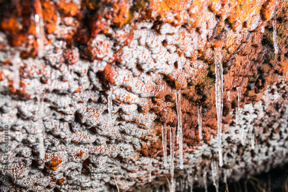 icicles hang on the surface of the rusty wall. The focus on the icicles icicles hang on the surface of the rusty wall. The focus on the icicles
