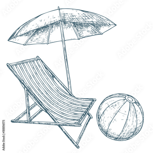 Beach umbrella and lounge chair on white background, cartoon illustration of beach accessories for summer holidays. Vector