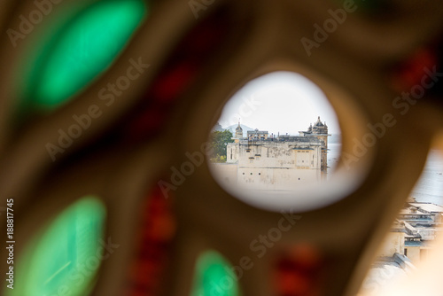 view through a window of the City Palace in Udaipur, Rajasthan