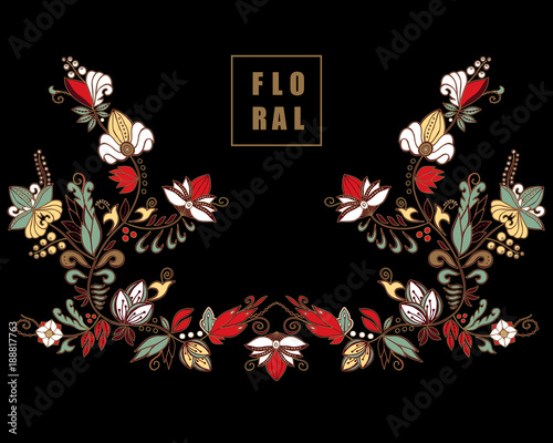 stock vector flowers and leaf ornament. oriental or russian pattern.necklace embroidery design