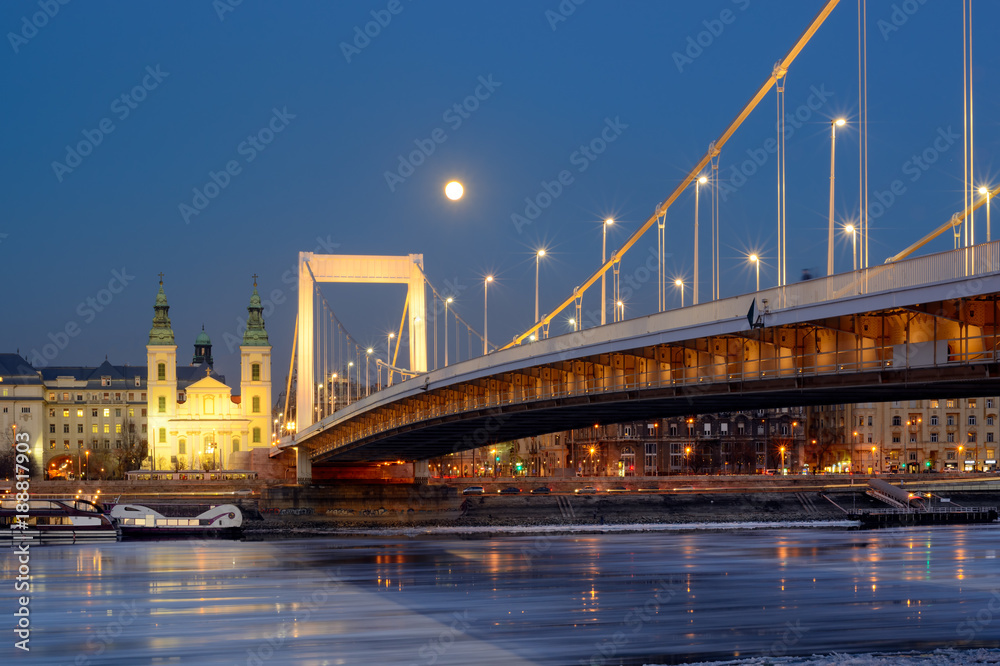 Fototapeta premium Elisabeth bridge and Church of the Assumption in Budapest, night view