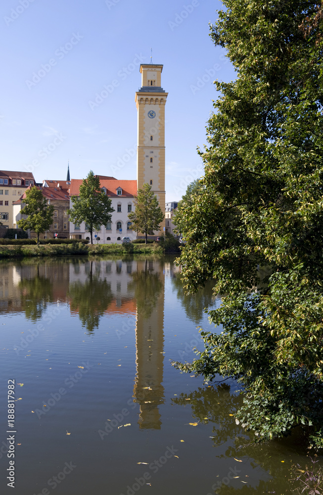 Altenburg / Germany: View over the „Little Pond“ to the old waterworks tower called „Kunstturm“